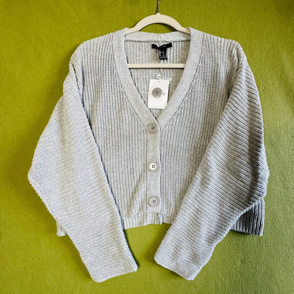 Forever 21 Womens Cropped Shaker Knit Cardigan Heather Grey V-Neck Small NWT